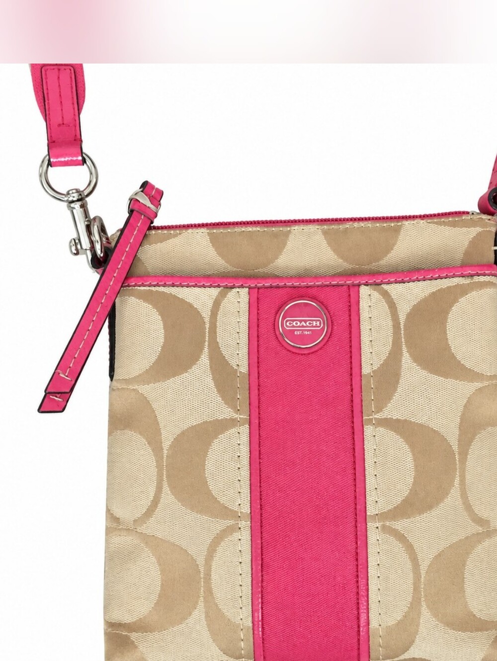 Coach Tan & Pink Signature Stripe Crossbody EUC